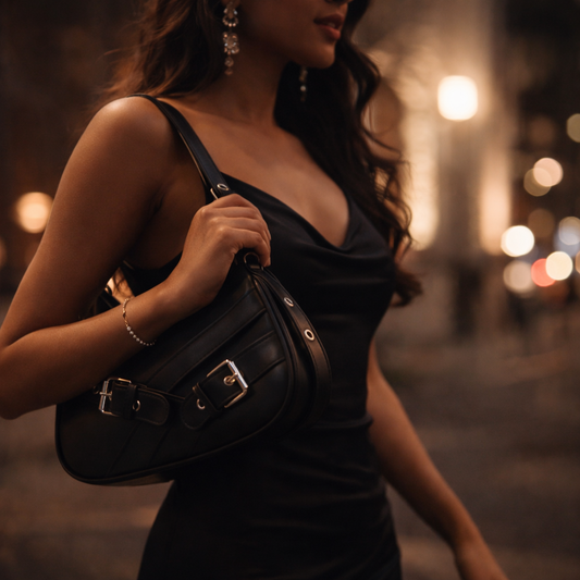 GoNaari Luxe Buckle Shoulder Bag – Elegant Black Statement Handbag