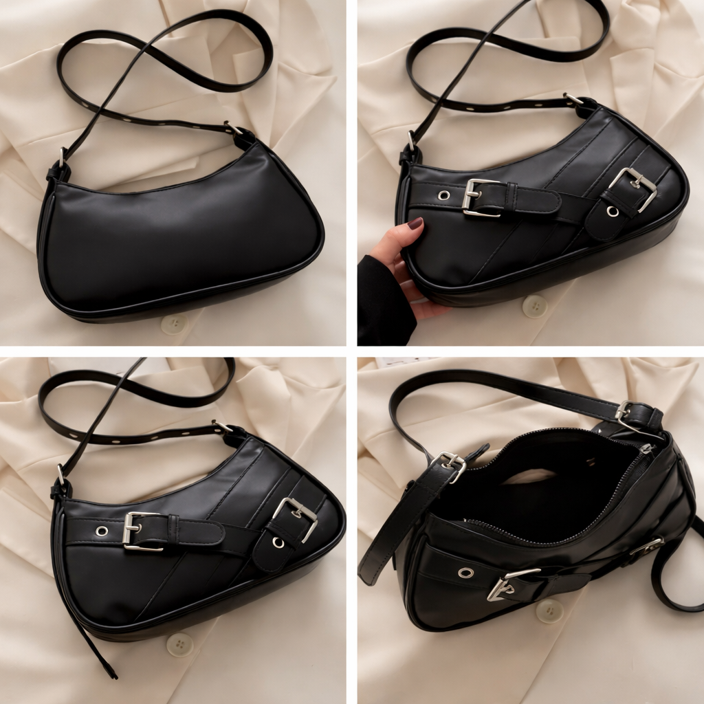 GoNaari Luxe Buckle Shoulder Bag – Elegant Black Statement Handbag