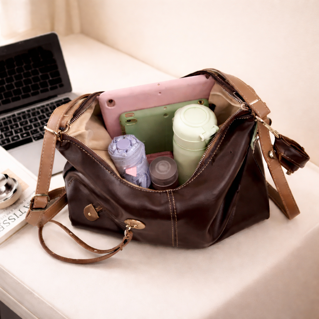 Luxury Brown Leather Hobo Handbag – Elegant Minimalist Shoulder Bag with Pouch