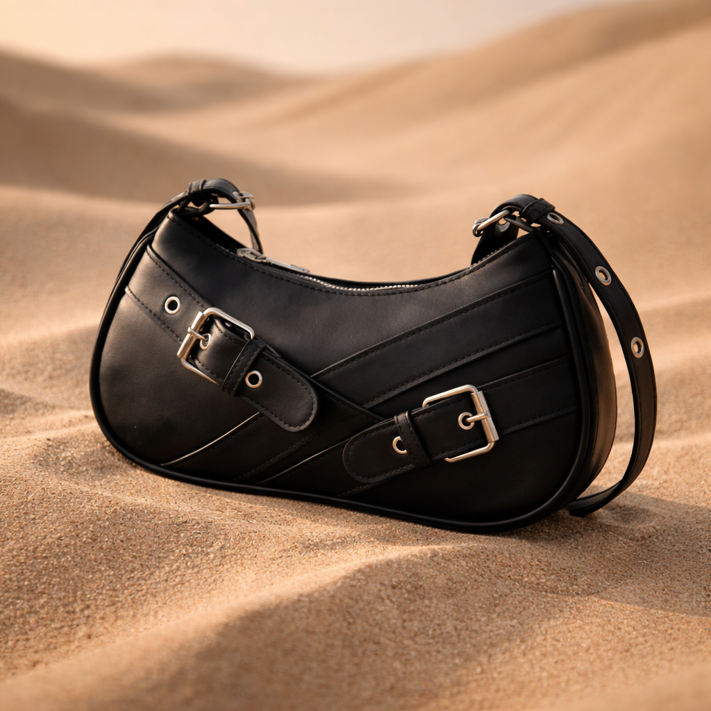 GoNaari Luxe Buckle Shoulder Bag – Elegant Black Statement Handbag