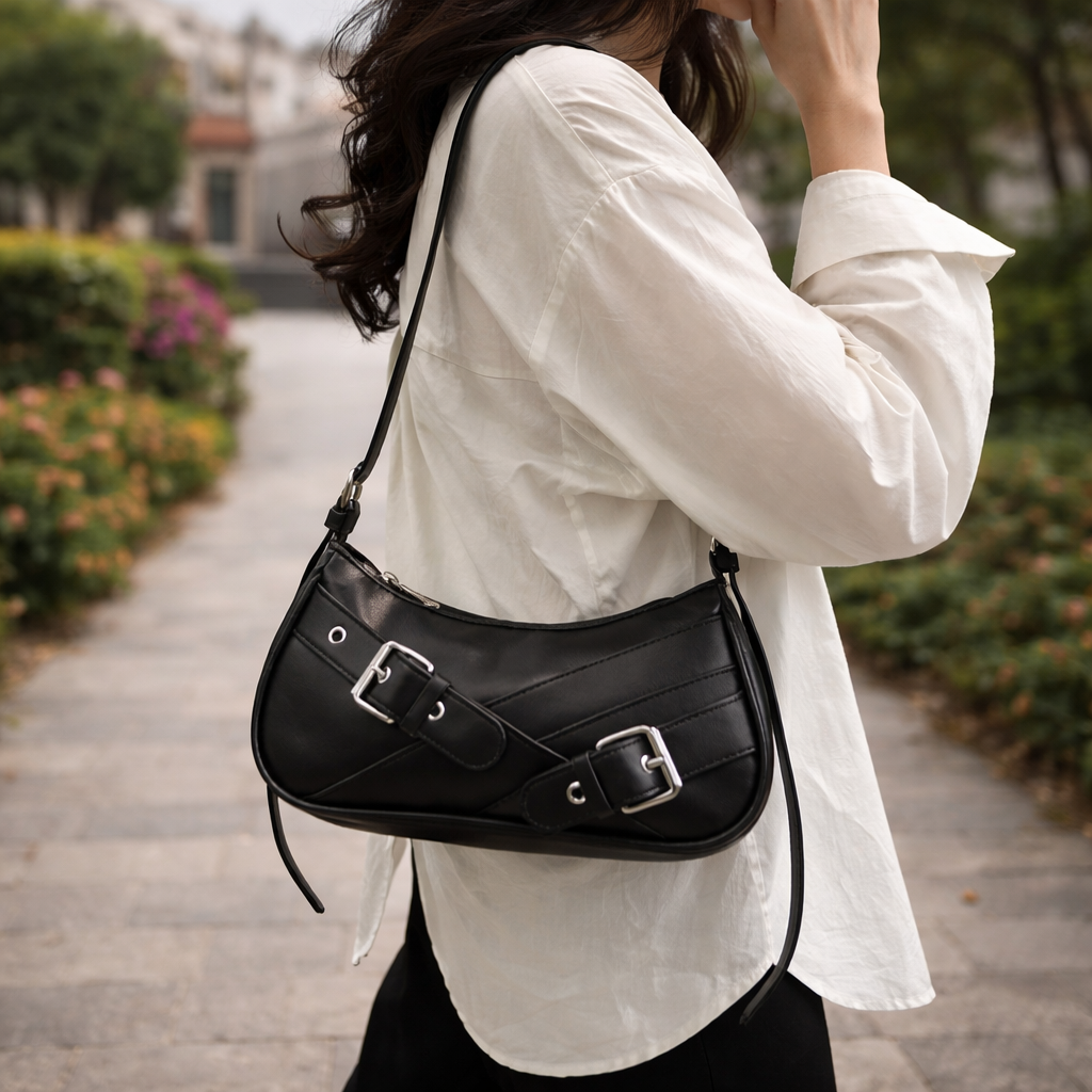 GoNaari Luxe Buckle Shoulder Bag – Elegant Black Statement Handbag